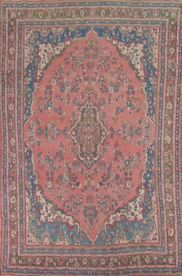 Vintage Pink Floral Hamedan Living Room Area Rug 8x13 Hand-knotted Wool Carpet - Image 1 of 4