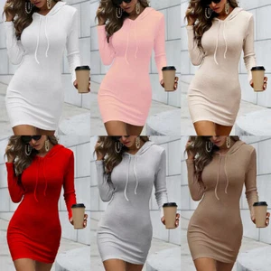 Women Slim Sexy Hooded Bodycon Dress Long Sleeve Pullover Hoodie T-shirt Dress - Picture 1 of 17