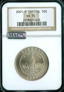 2001 P CAPITOL VISITOR CENTER HALF DOLLAR NGC MAC MS 70 FINEST SPOTLESS . - Picture 1 of 2