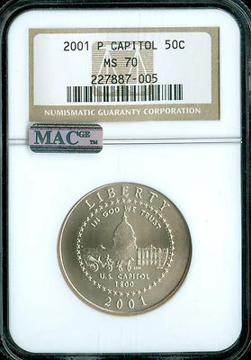 2001 P CAPITOL VISITOR CENTER HALF DOLLAR NGC MS 70 MAC FINEST & SPOTLESS . - Image 1 of 2