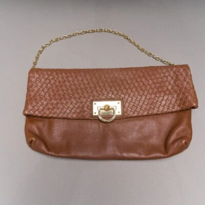 Banana Republic Leather Clutch Bag Brown Fold-Over Convertible Chain Strap 13x7 - Image 1 of 4