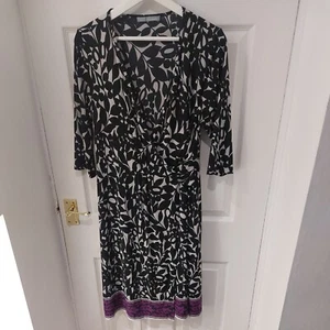 M&S Black & White Floral leaf 3/4 Sleeve stretch Midi Wrap Dress UK 16 - Picture 1 of 5