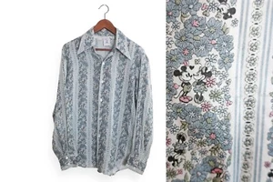 Vtg 70s Mickey Mouse Floral Button Up Shirt Kennington Disney Productions Medium - Picture 1 of 8