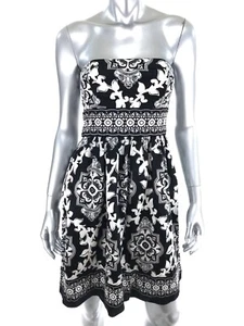 White House Black Market Dress Sz 0 Black White Geometric Strapless Silk Party - Picture 1 of 9