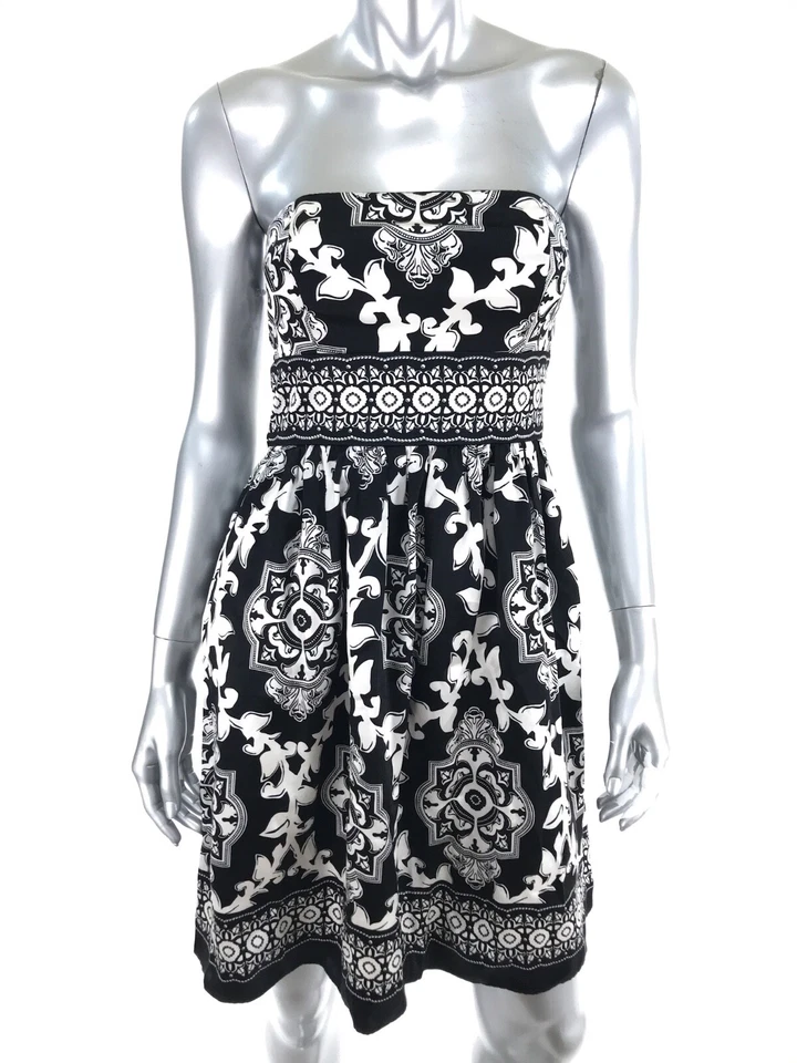 White House Black Market Dress Sz 0 Black White Geometric Strapless Silk Party - Image 1 of 4
