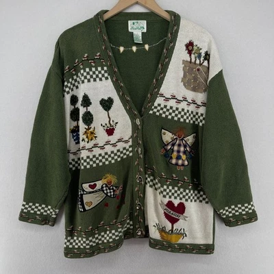QUACKER FACTORY Sweater L Angels Miracles Button Up Cardigan Ramie Cotton Green - Image 1 of 4