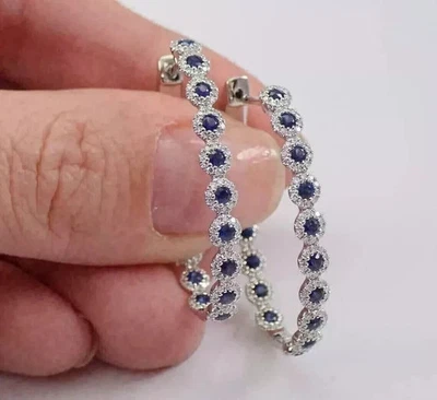 Round Cut Lab Created Blue Sapphire Diamond Hoop Earrings 14K White Gold Plated - Image 1 of 4