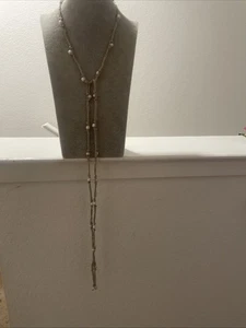 Chicos Silver Lariat Necklace Long Multiple Strand Simulated Pearl Beads NWT - Picture 1 of 5