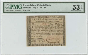 1780 July 2, $4 Rhode Island Colonial Note FR#RI-285 PMG AU53 EPQ Fully Signed - Picture 1 of 2