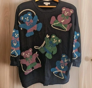 Vintage 80er Workout Sweatshirt Zaky Teddybär buntes Muster Damen One Size - Bild 1 von 6