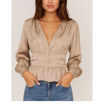 Jason Wu Women's Silver Satin Peplum Blouse Top Long Sleeve Button Down Size M - Image 1 of 4