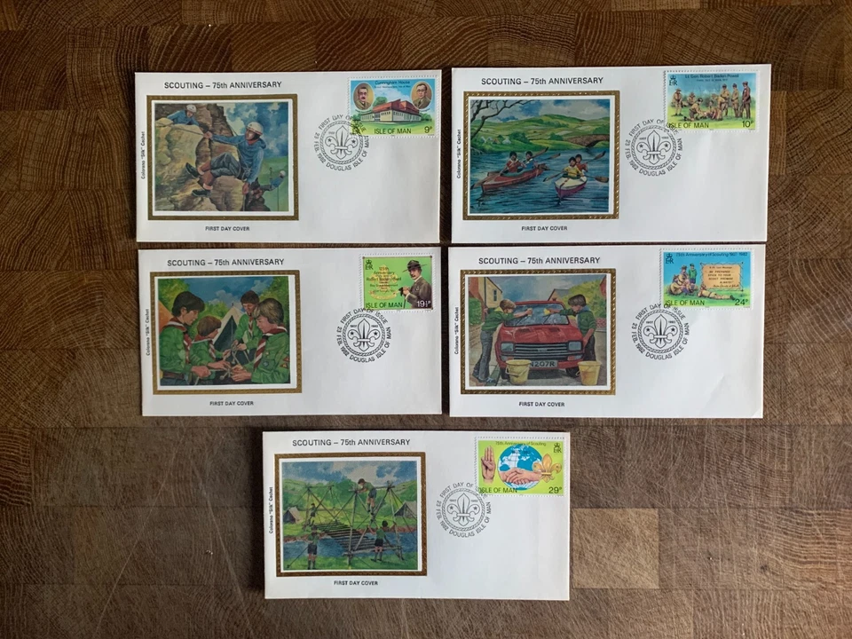 ISLE OF MAN IOM 1982 FDC x 5 COLORANO SILK RARE BOY SCOUTS SCOUTING DIB DIB DOB - Image 1 of 1