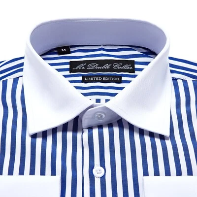 Camicia uomo lusso elegante blu e bianca gessato doppio colletto abbottonata italiana - Immagine 1 di 3