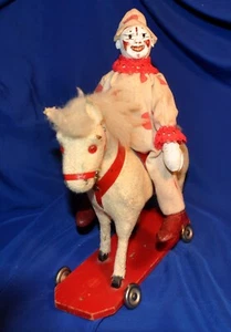 ANTIQUE 9" SCHOENHUT Creepy GERMAN CLOWN, RIDING VTG PULL TOY WEST GERMAN HORSE - Picture 1 of 11