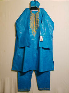 Men Clothing African Brocade Cotton Dashiki Long Pant Set Turquoise Free Size