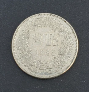 1988 Switzerland 2 Franc Coin, KM#21a, Sharp, Free Shipping! - Picture 1 of 4