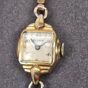Vintage Art Deco Gold Bulova Ladies Wristwatch W/ Gold/Silver-Tone Accents Swiss - Picture 1 of 10