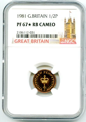 Gran Bretaña 1981 1/2 P medio centavo nuevo NGC PF67 estrella RB prueba de camafeo top pop 1   Foto 1 de 2