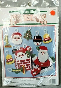 Vtg BUCILLA Plastic Canvas Santa Snowman Bell Horn Tree Ornaments w/ Santa Box - Picture 1 of 5