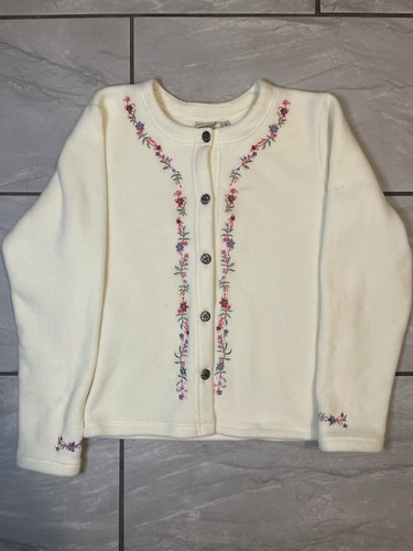 OFF WHITE Vintage L.L. Giacca cardigan pile fagiolo ricamato floreale taglia M donna panna