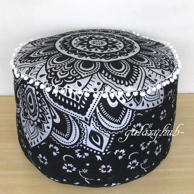 Large Black Silver Indian Pouf Cover Cotton Multi Color Seating 22" Ottoman Pouf - Image 1 of 4
