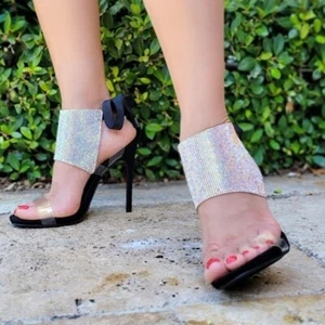 Women's Black Rhinestone Glitter Stilettos High Heel Sandals - Picture 1 of 5