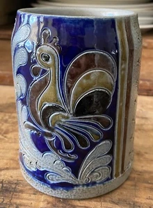HANDARBEIT Pottery Salt Glazed Stein Mug, Blue, Brown, Rooster, Artist Signed - Picture 1 of 6