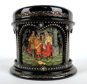 BOÎTE PEINTE EN LAQUE RUSSE VINTAGE PAHLEKH scène de fête - Photo 1 sur 9