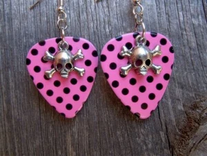 Small Skull and Crossbone Charms Guitar Pick Earrings - Pick Your Color - Picture 1 of 4