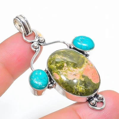 Ciondolo Unakite Santa Rosa Turchese Gemma Regalo Argento Sterling 925 2,40" U41 - Immagine 1 di 4