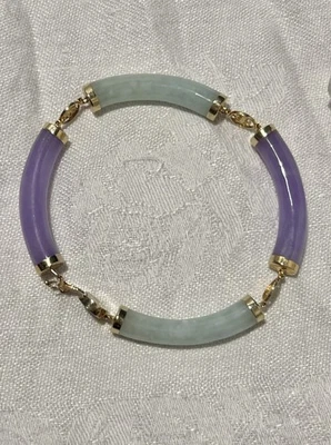 14K Gold Lavender & Green Jadeite Jade Cylinder Bracelet 6-1/2” Multicolor - Image 1 of 4
