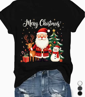 Женская футболка с принтом Deer & Santa Claus Christmas — футболка Merry Christmas - Изображение 1 из 4
