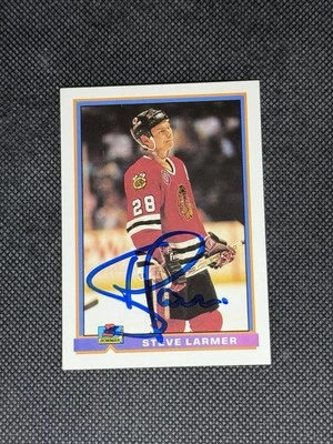 Steve Larmer 1991-92 Bowman Chicago Blackhawks Signed Auto Card #395 ~ COA - Image 1 of 3