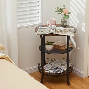 Round Side Table, Industrial Retro End Table with Storage,Coffee Snack Table ... - Picture 1 of 9