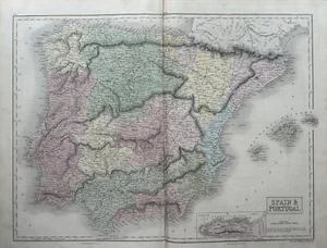 1851 Spain & Portugal Large Hand Coloured Original Antique Map by Selina Hall - Picture 1 of 5
