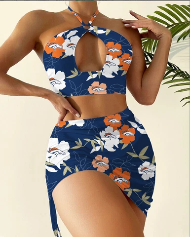 Denver Broncos Womens 2PCS Halter Bikini Cut Out Swimsuits Sexy Bathing Set Gift Cover