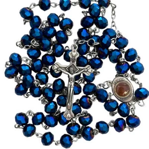 Blue Glass Crystal Beads Rosary Necklace Holy Medal Silver Plated - Picture 1 of 5