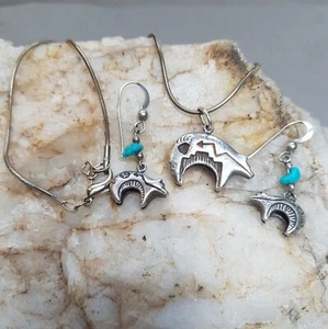 Native American Silver/Turquoise Bear necklace and earrings set - Picture 1 of 3