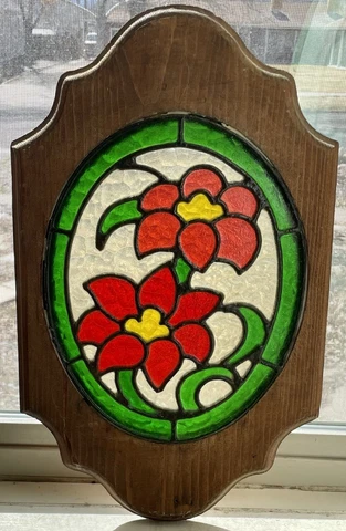 Vintage Stained Glass Old Style Bar Window Floral Bubble Pieces Wood Frame Cover