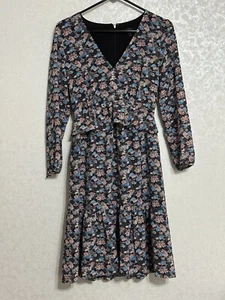 Vestido midi J Crew negro con volantes dobladillo/cintura azul rosa floral manga larga cuello en V 4 - Imagen 1 de 7