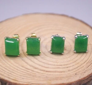 AM.YUXI Green Jade Earrings Stud For Women Jade Jewelry 18K gold plated Square One Pair