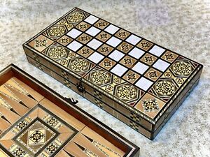 Backgammon Set and Chess Board From Lebanon Mother Of Pearl Inlays Wooden Pieces