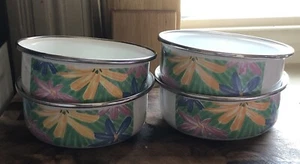 Vtg Set of 4 Metal Enamelware Bowls White Silver Floral Pattern Indonesia Made - Picture 1 of 14