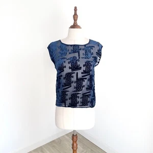 Gorman Womens Sheer Velvet Crocodile Top Short Sleeve Keyhole Blue Size 6 - Picture 1 of 11