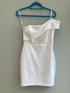 DRESS UK 12 BY AQUA FORMAL ONE SHOULDER BONED TO BUST WHITE LINED ORP £165 BNWT