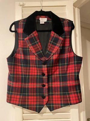 Chaleco Chaleco Talbots Vintage a Cuadros Lana Worsted 14 Cuello Terciopelo Rojo Negro Foto 1 de 4