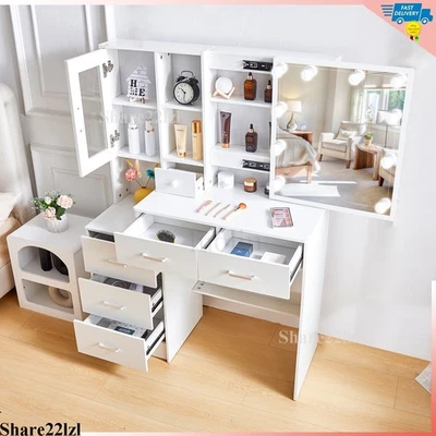 White Dressing Table Makeup Desk Vanity Set with LED Lights Mirror And 5 Drawers - image 1 of 4