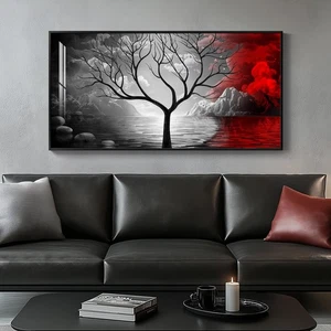 Gerahmtes schwarz-weißes Wandbild für Wohnzimmer, großes rot-schwarzes Kunstwerk... - Bild 1 von 7