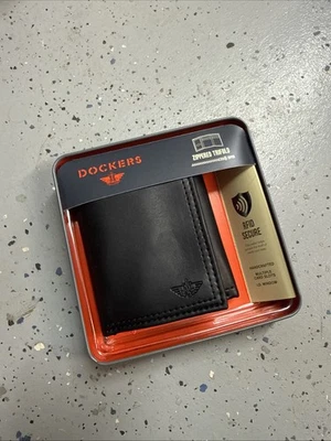 DockERS Black Leather Zippered Trifold Wallet with RFID And ID Window - Image 1 of 3