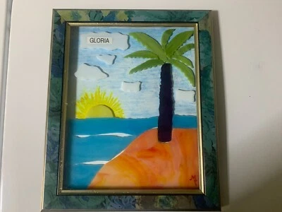Stained Glass flower/beach glued to 5  1/2 x 7  1/2 textured glass on 3/4 frame  - Image 1 of 2